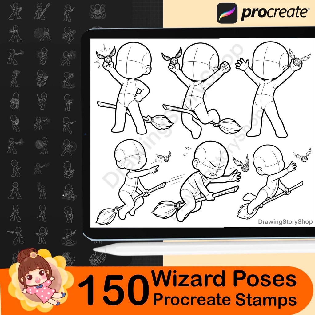 150 Chibi Wizard Poses Procreate Stamps – Magic Wand, Spell & Flying Broom Pose Brushes