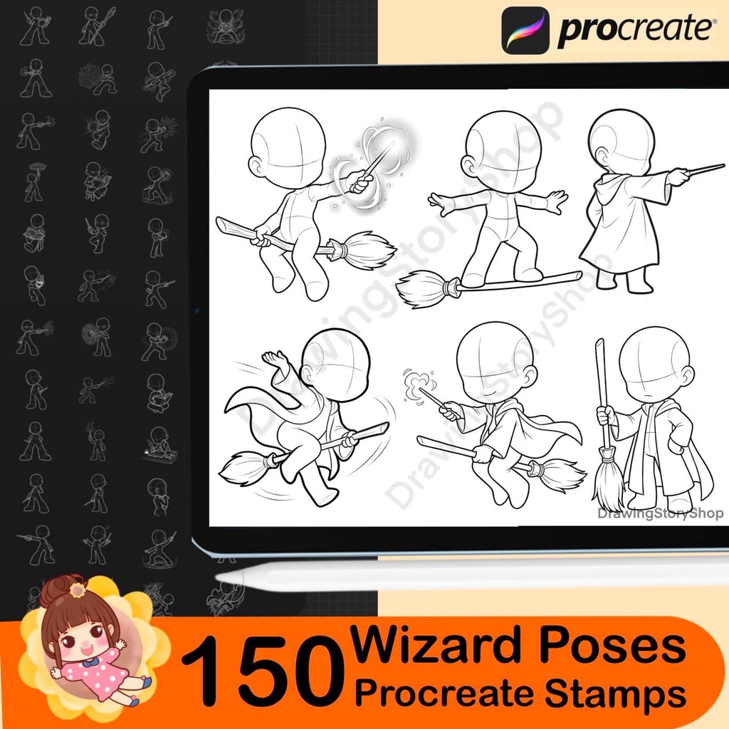 150 Chibi Wizard Poses Procreate Stamps – Magic Wand, Spell & Flying Broom Pose Brushes