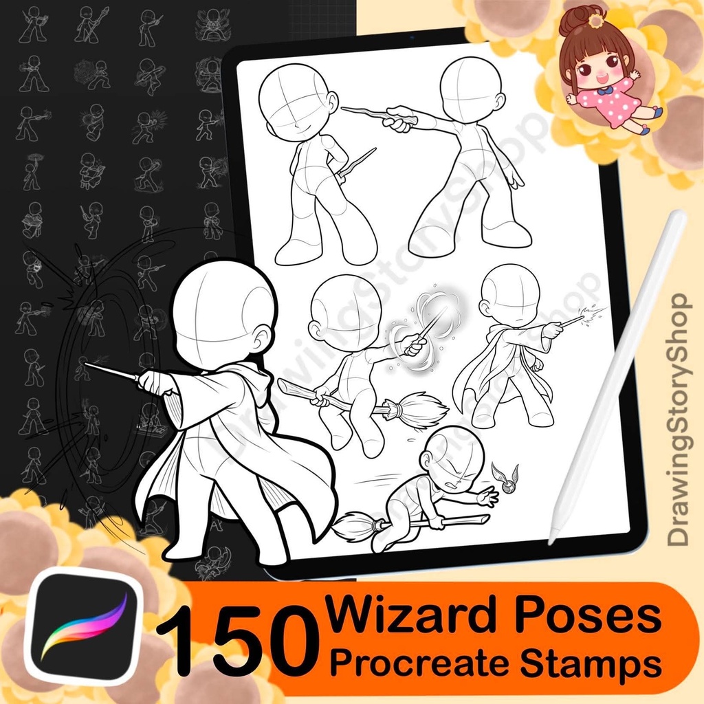 150 Chibi Wizard Poses Procreate Stamps – Magic Wand, Spell & Flying Broom Pose Brushes