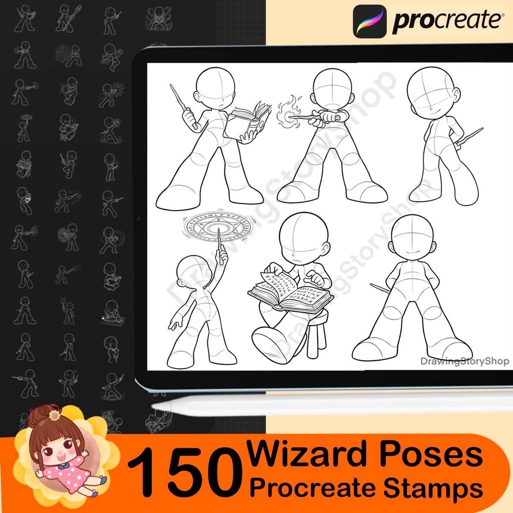 150 Chibi Wizard Poses Procreate Stamps – Magic Wand, Spell & Flying Broom Pose Brushes