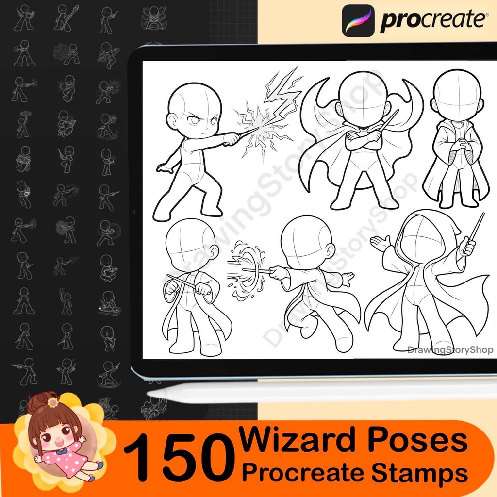 150 Chibi Wizard Poses Procreate Stamps – Magic Wand, Spell & Flying Broom Pose Brushes