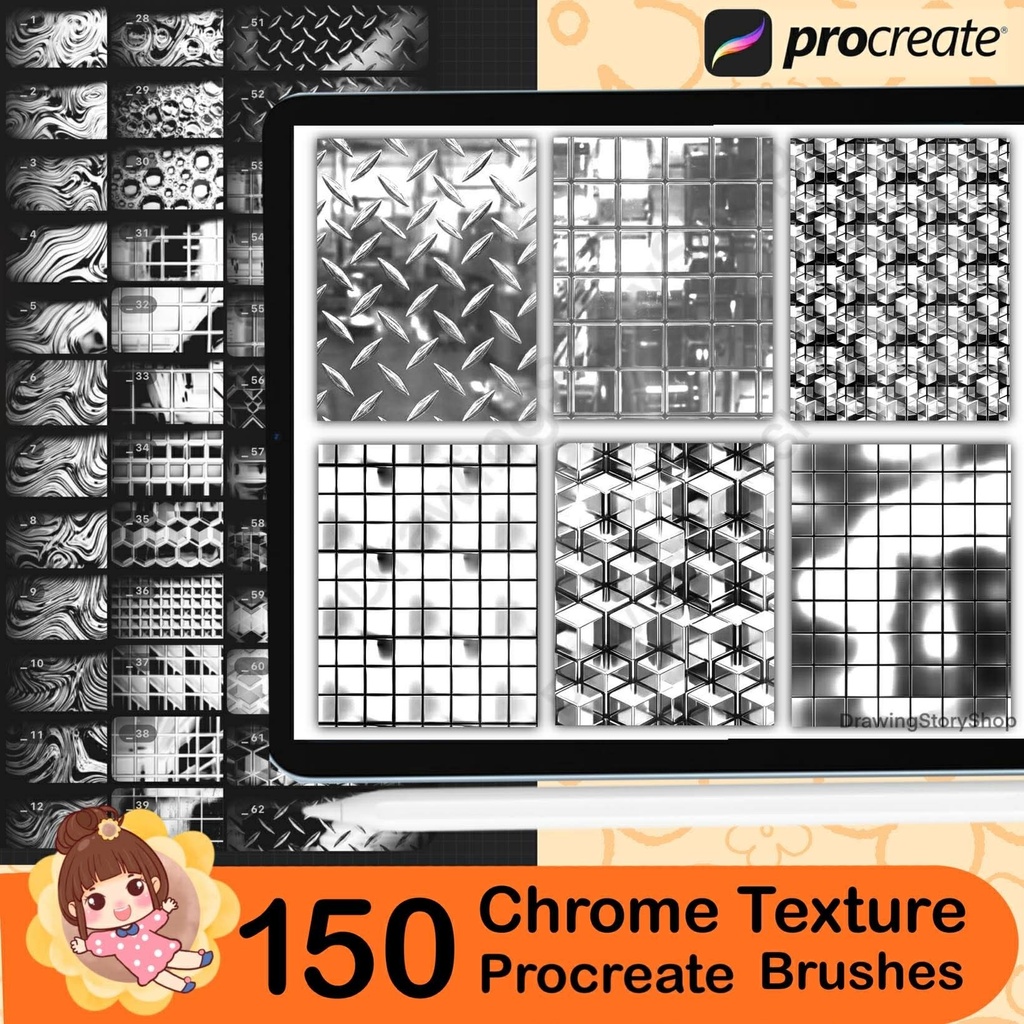 150 Chrome Texture Brushes for Procreate , Metallic, Reflective, Steel & Shiny Surface Brush Set for Digital Art and Illustration