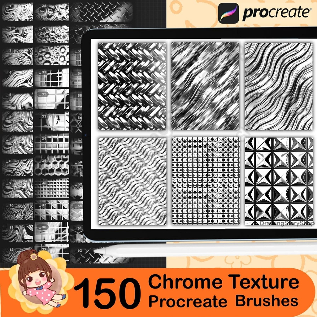 150 Chrome Texture Brushes for Procreate , Metallic, Reflective, Steel & Shiny Surface Brush Set for Digital Art and Illustration