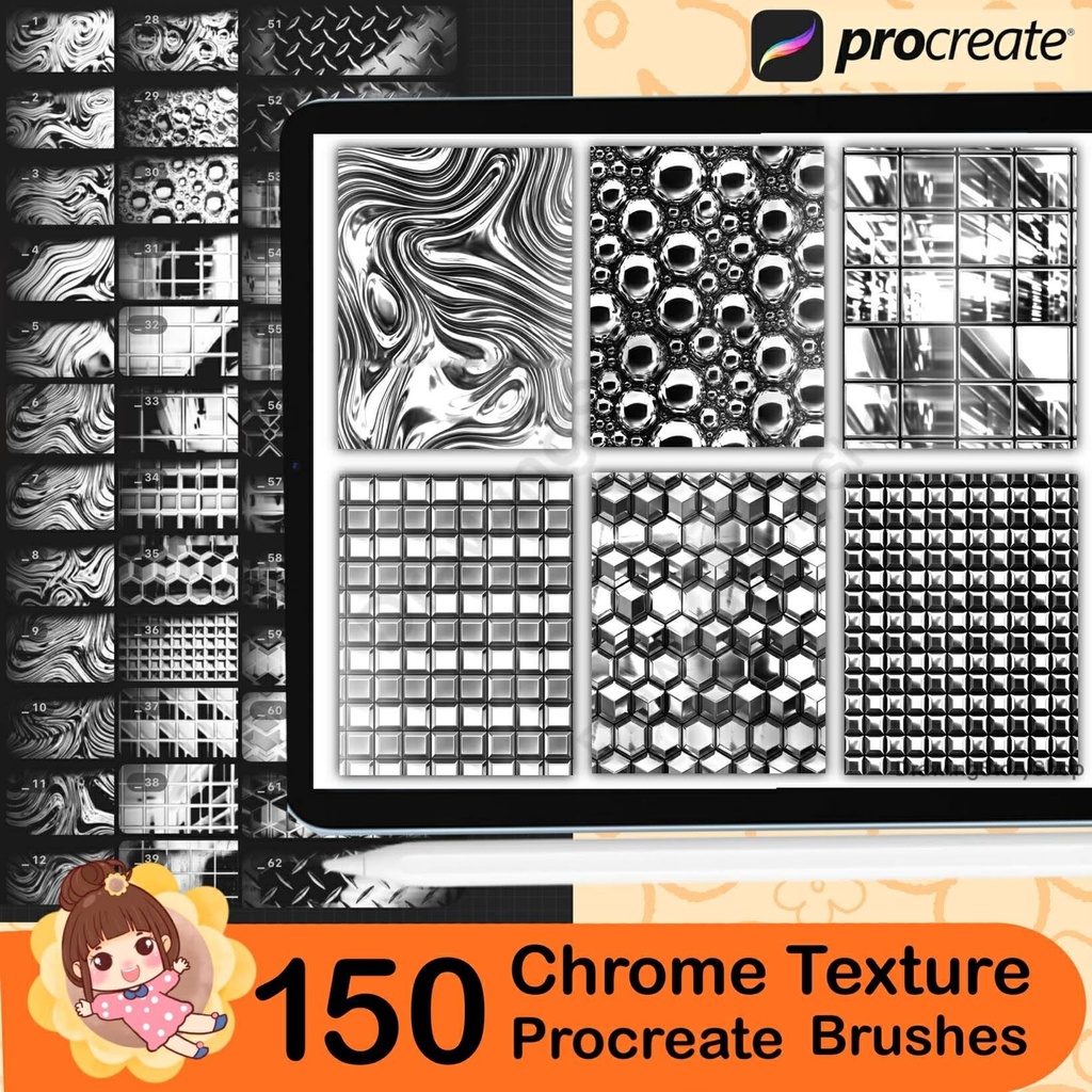 150 Chrome Texture Brushes for Procreate , Metallic, Reflective, Steel & Shiny Surface Brush Set for Digital Art and Illustration