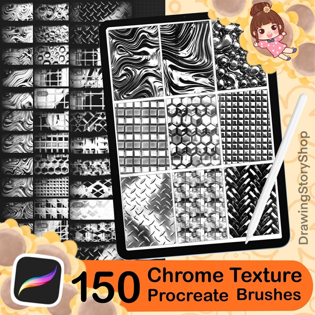150 Chrome Texture Brushes for Procreate , Metallic, Reflective, Steel & Shiny Surface Brush Set for Digital Art and Illustration