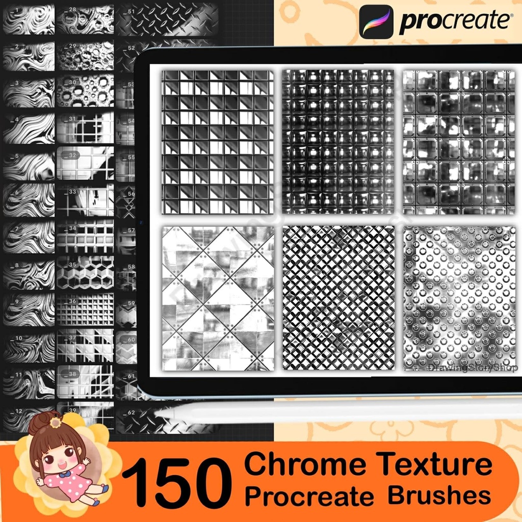 150 Chrome Texture Brushes for Procreate , Metallic, Reflective, Steel & Shiny Surface Brush Set for Digital Art and Illustration