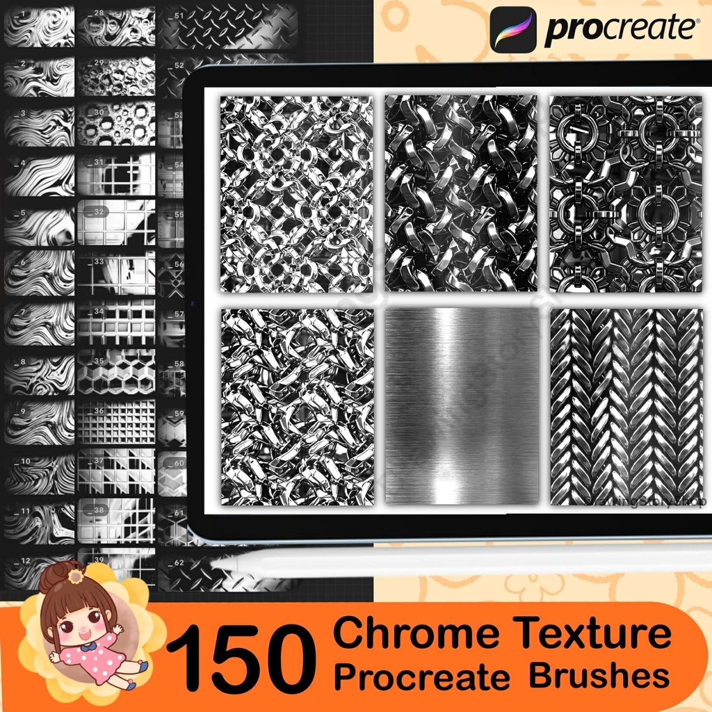 150 Chrome Texture Brushes for Procreate , Metallic, Reflective, Steel & Shiny Surface Brush Set for Digital Art and Illustration