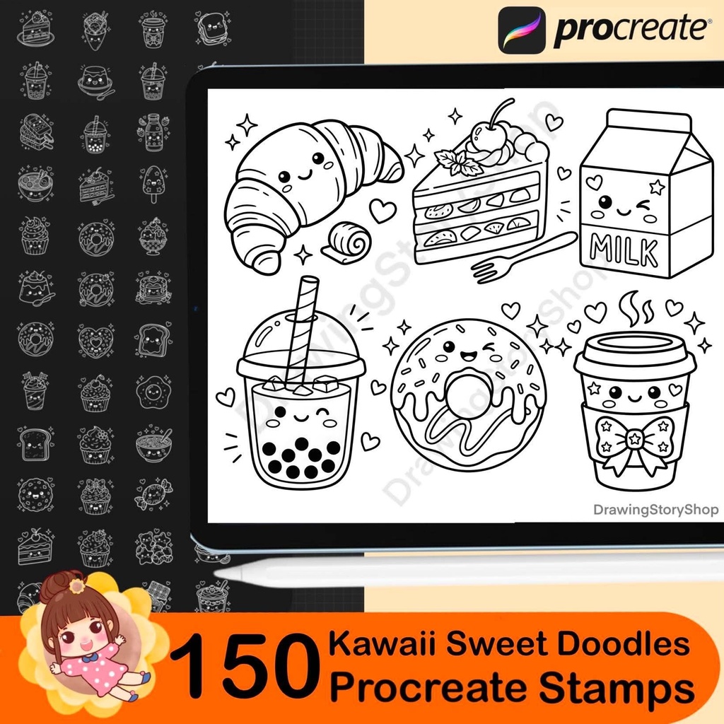 150 Kawaii Sweet Doodle Stamps for Procreate | Cute Dessert & Food Brush Set | Kawaii Food Doodles | Digital Download