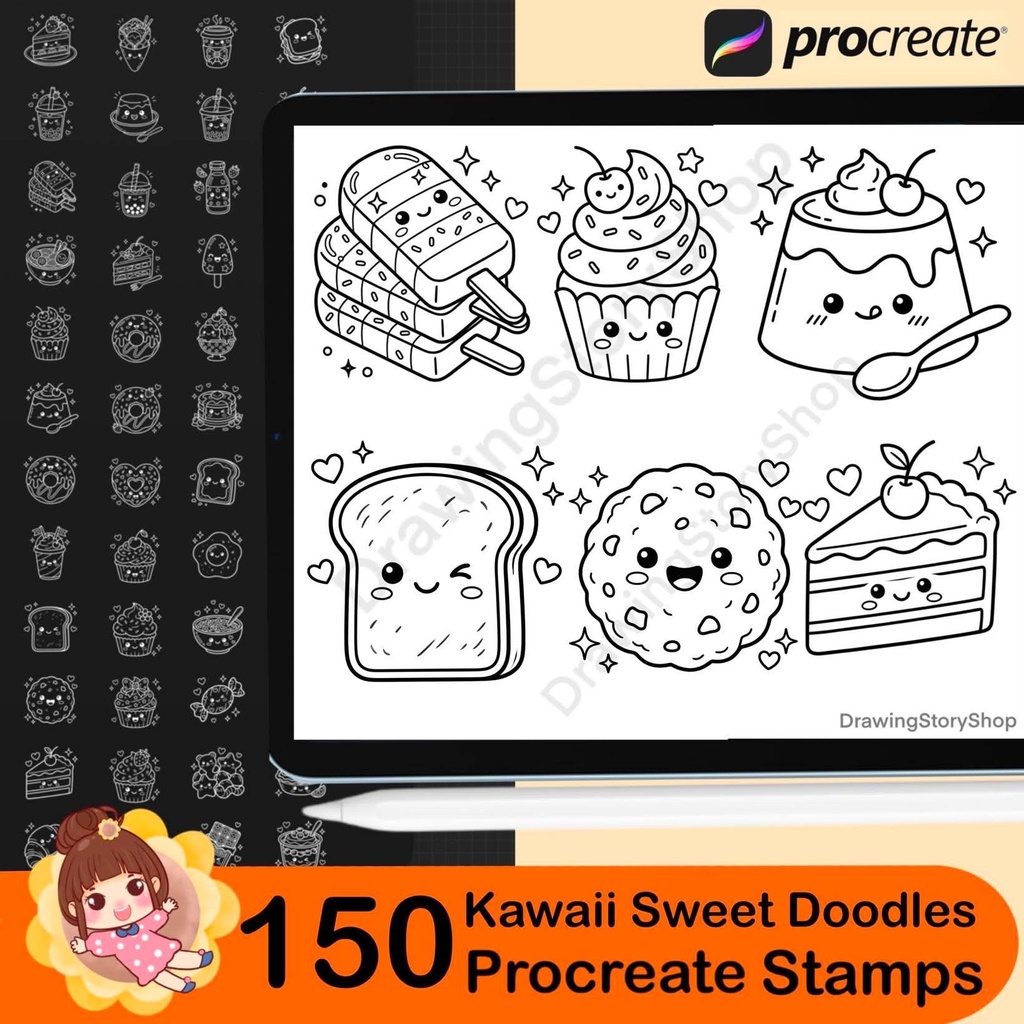 150 Kawaii Sweet Doodle Stamps for Procreate | Cute Dessert & Food Brush Set | Kawaii Food Doodles | Digital Download