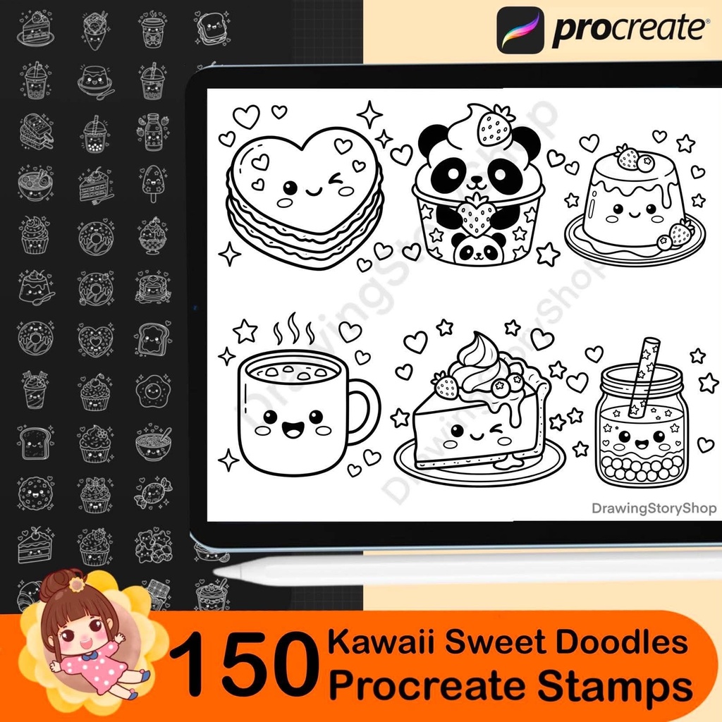 150 Kawaii Sweet Doodle Stamps for Procreate | Cute Dessert & Food Brush Set | Kawaii Food Doodles | Digital Download