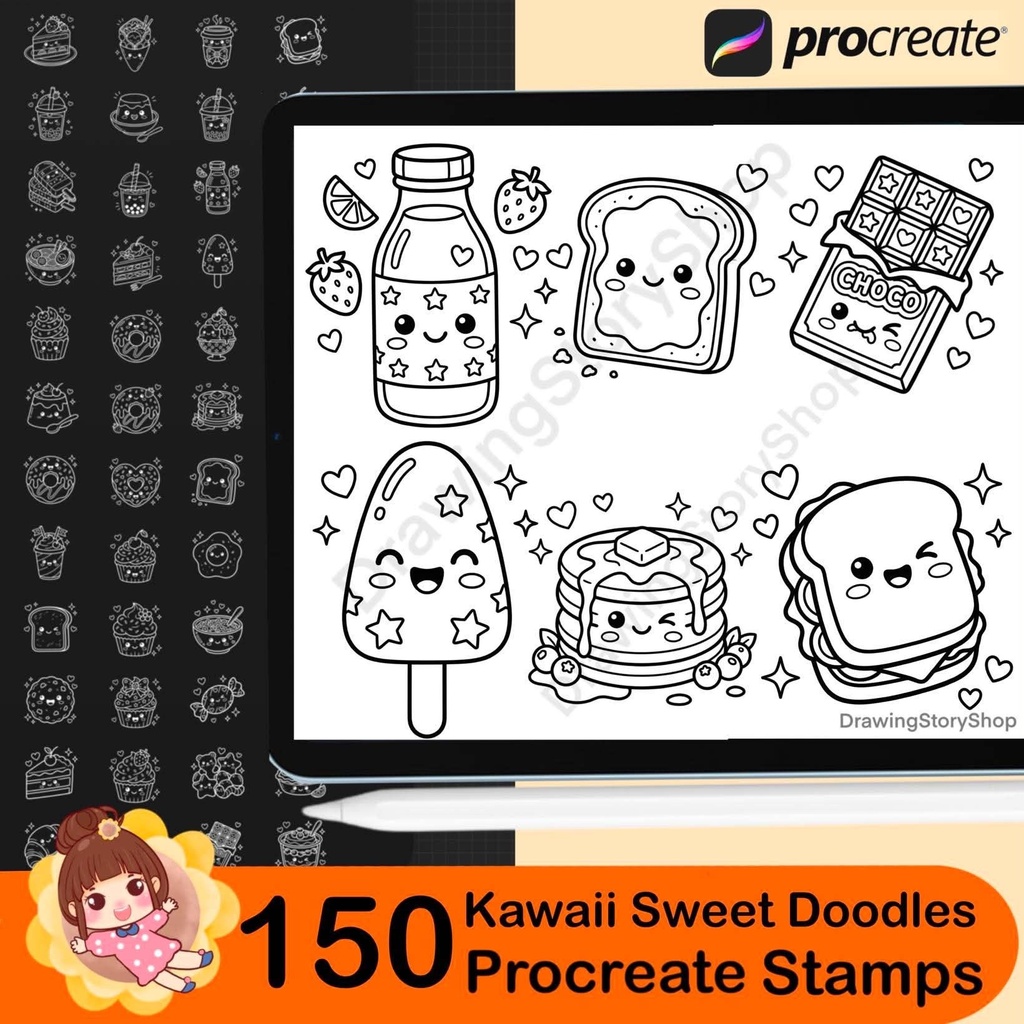 150 Kawaii Sweet Doodle Stamps for Procreate | Cute Dessert & Food Brush Set | Kawaii Food Doodles | Digital Download