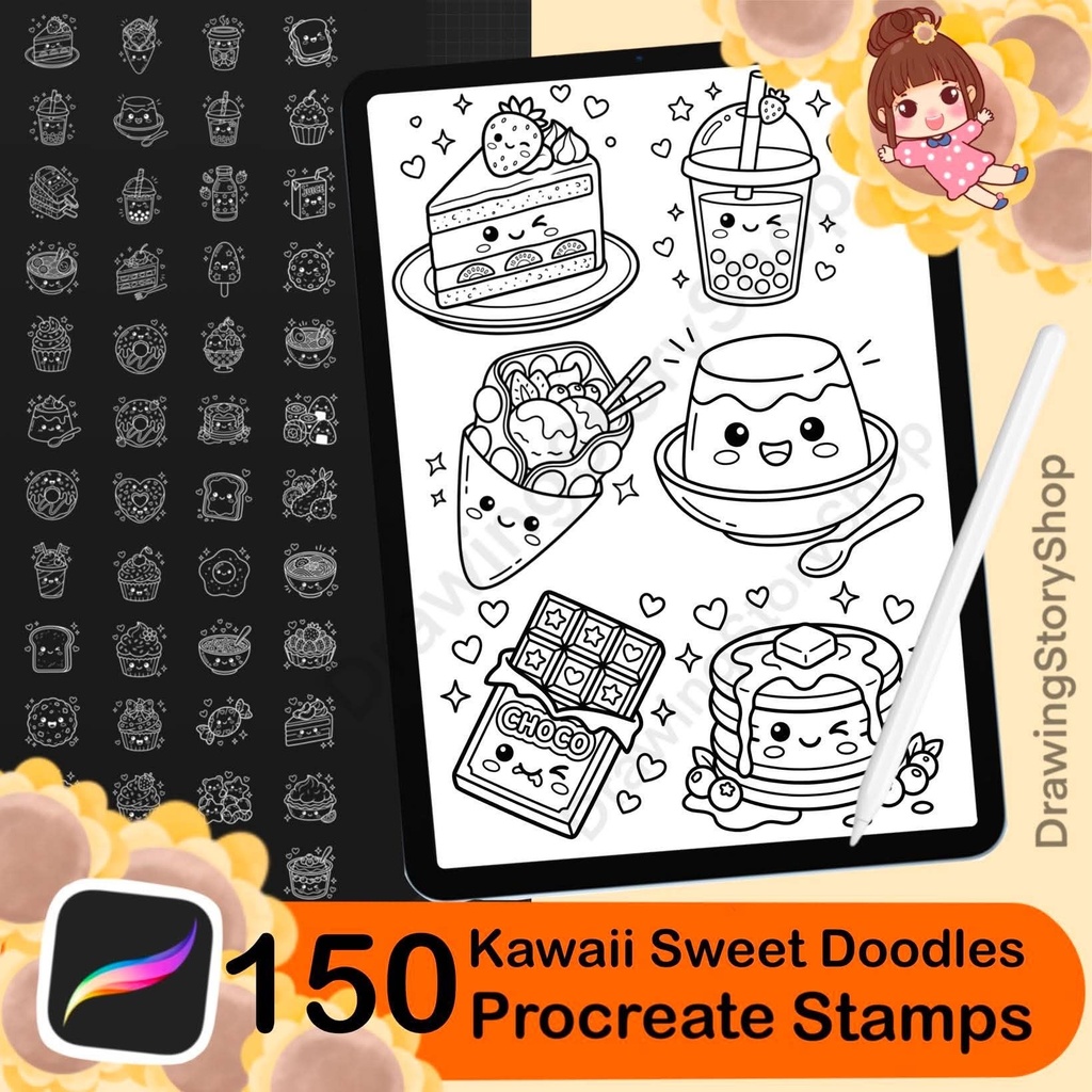 150 Kawaii Sweet Doodle Stamps for Procreate | Cute Dessert & Food Brush Set | Kawaii Food Doodles | Digital Download