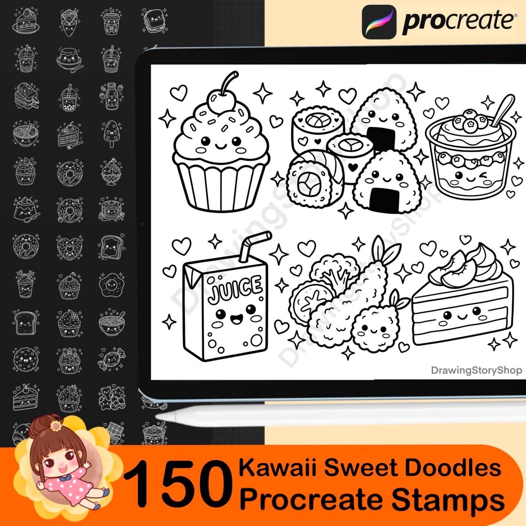 150 Kawaii Sweet Doodle Stamps for Procreate | Cute Dessert & Food Brush Set | Kawaii Food Doodles | Digital Download