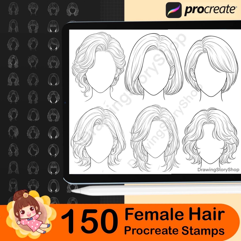150 Procreate Female Hairstyle Stamps | Anime Hair Brushes | Girl Hair Stamp Set
