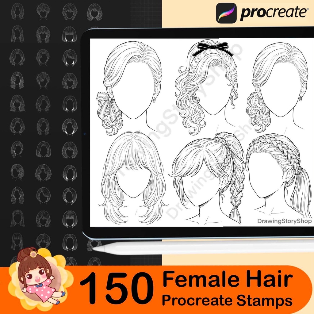 150 Procreate Female Hairstyle Stamps | Anime Hair Brushes | Girl Hair Stamp Set