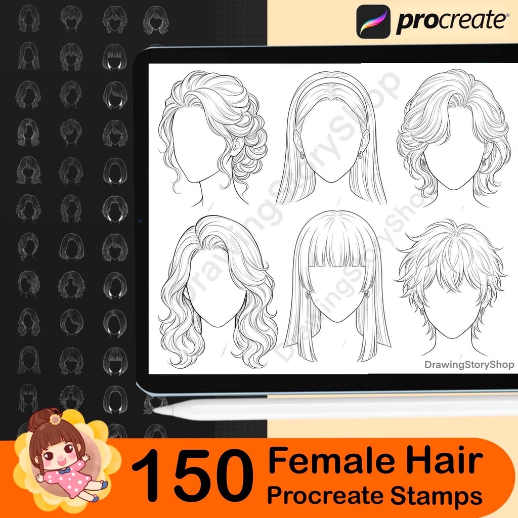 150 Procreate Female Hairstyle Stamps | Anime Hair Brushes | Girl Hair Stamp Set