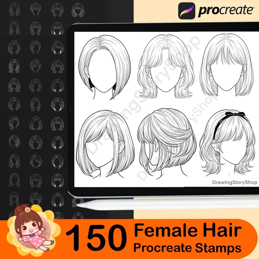 150 Procreate Female Hairstyle Stamps | Anime Hair Brushes | Girl Hair Stamp Set