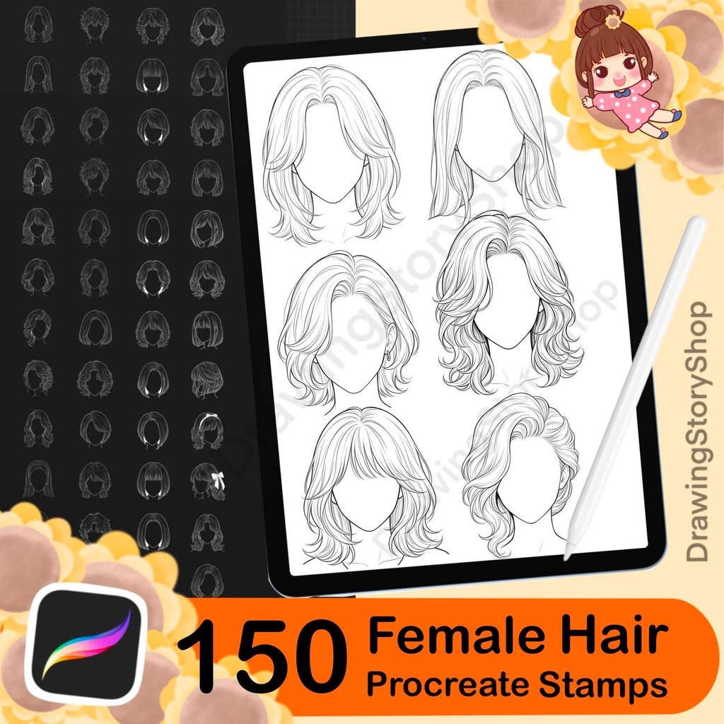 150 Procreate Female Hairstyle Stamps | Anime Hair Brushes | Girl Hair Stamp Set