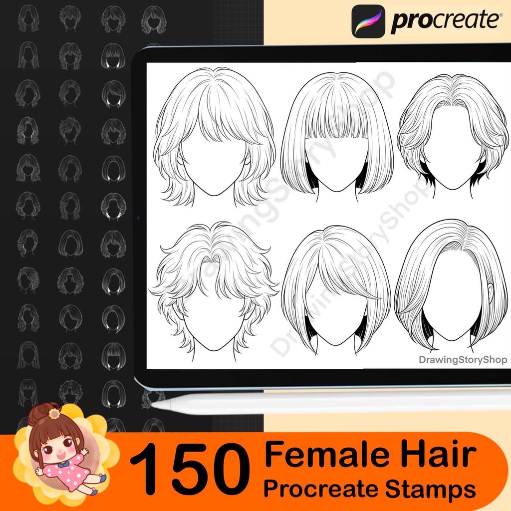 150 Procreate Female Hairstyle Stamps | Anime Hair Brushes | Girl Hair Stamp Set