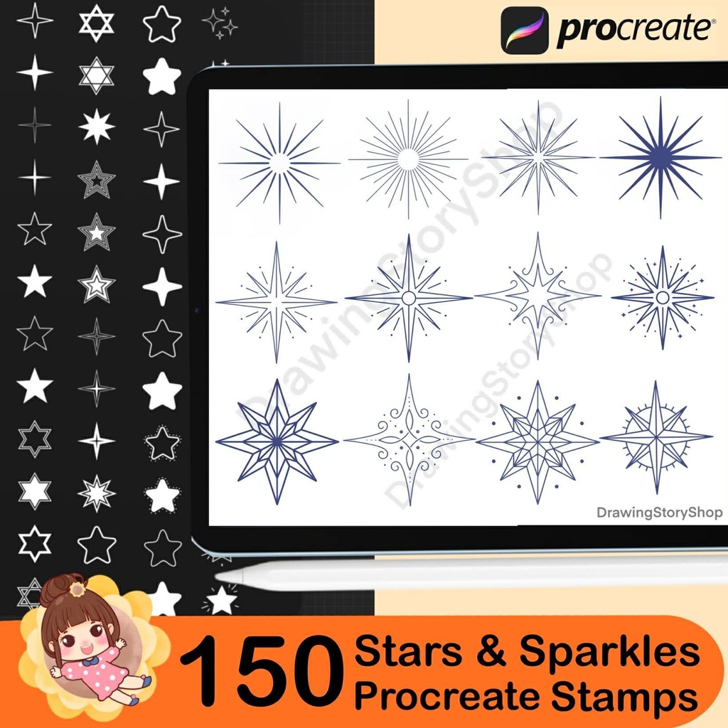 150 Procreate Star Stamps & Sparkle Glitter Stamps, Brush Set (Digital Download)