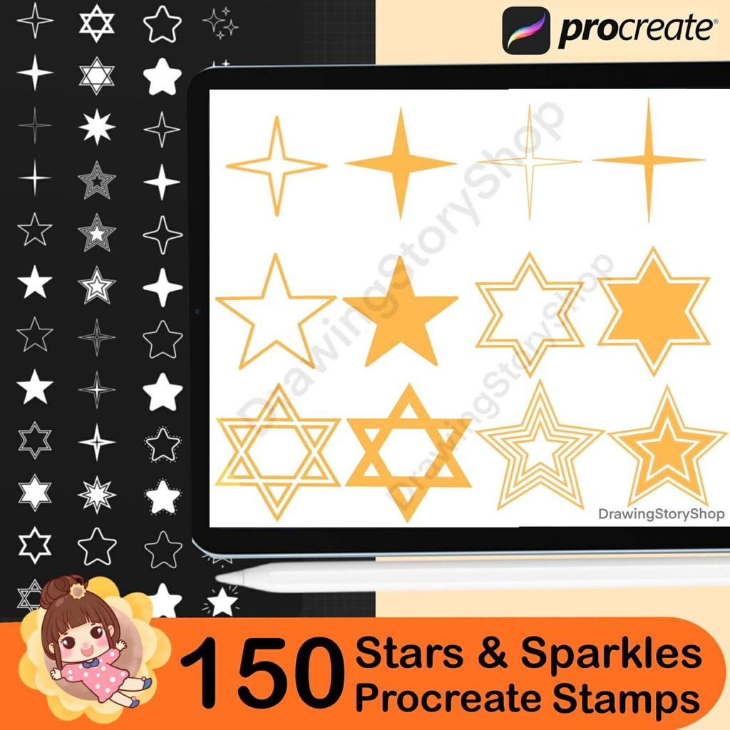 150 Procreate Star Stamps & Sparkle Glitter Stamps, Brush Set (Digital Download)