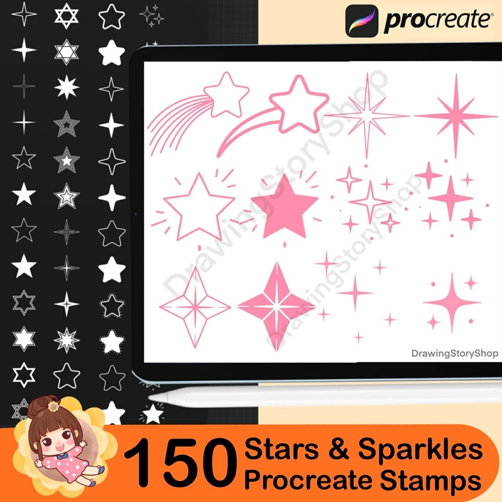 150 Procreate Star Stamps & Sparkle Glitter Stamps, Brush Set (Digital Download)