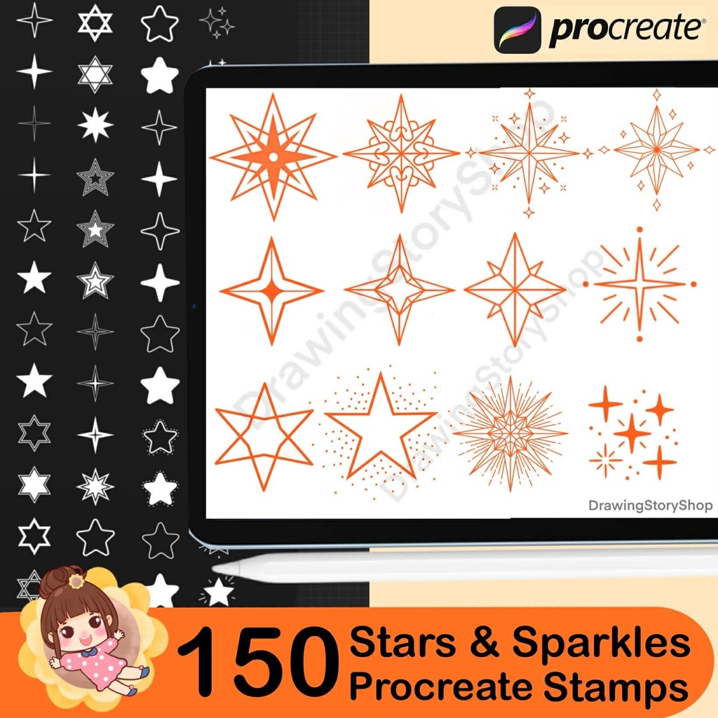 150 Procreate Star Stamps & Sparkle Glitter Stamps, Brush Set (Digital Download)