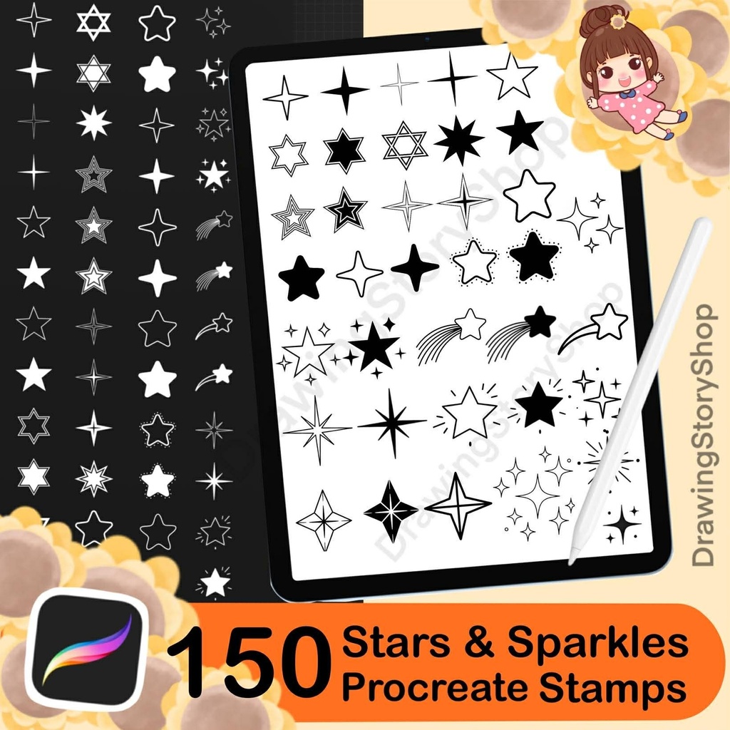 150 Procreate Star Stamps & Sparkle Glitter Stamps, Brush Set (Digital Download)