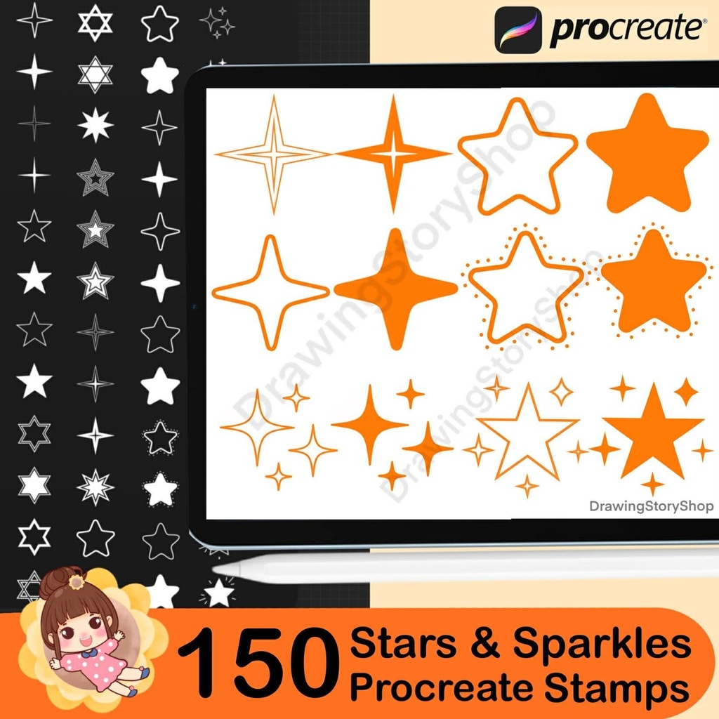 150 Procreate Star Stamps & Sparkle Glitter Stamps, Brush Set (Digital Download)