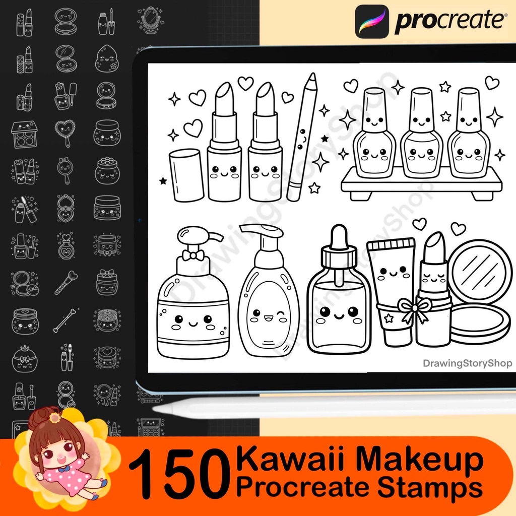 150 Procreate Kawaii Makeup Stamps | Cute Cosmetic Stamp Brushes | Beauty Doodle, Coloring Book, Planner & Sticker Elements