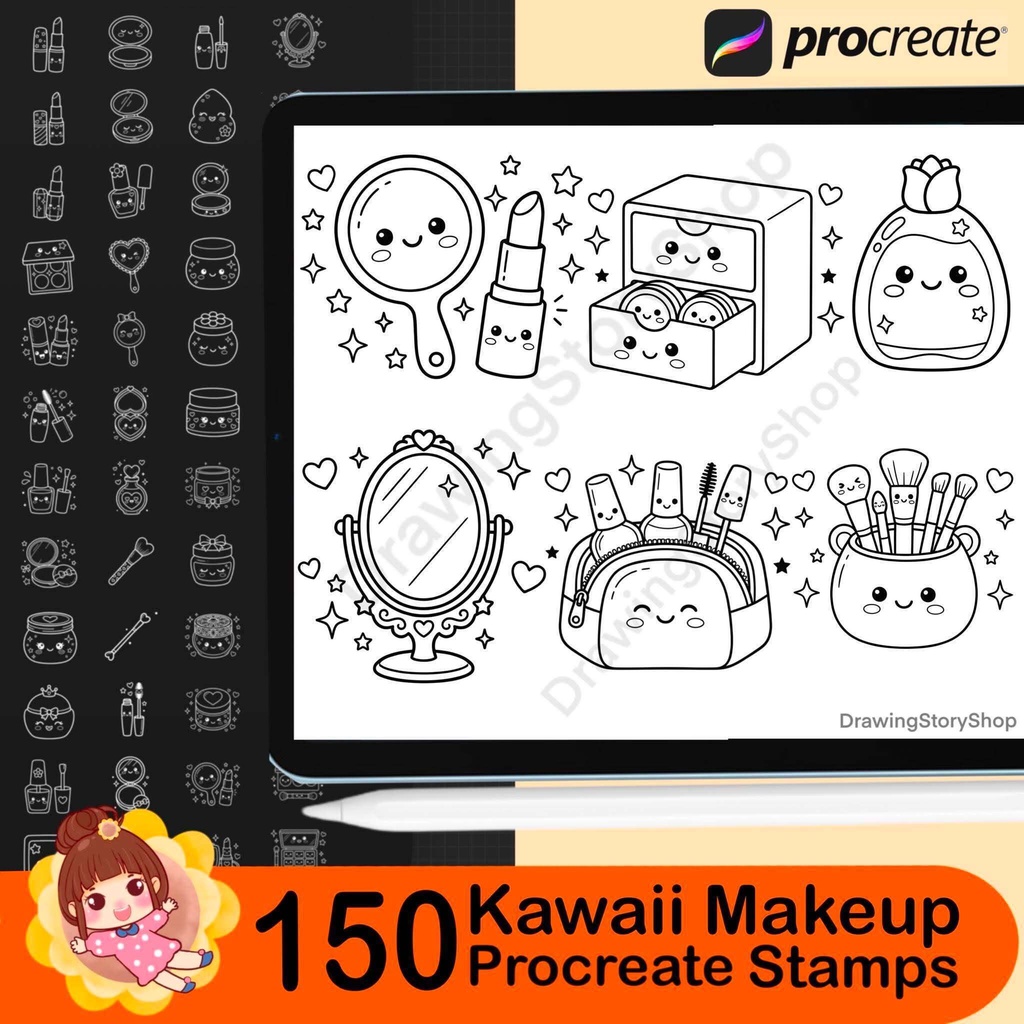 150 Procreate Kawaii Makeup Stamps | Cute Cosmetic Stamp Brushes | Beauty Doodle, Coloring Book, Planner & Sticker Elements
