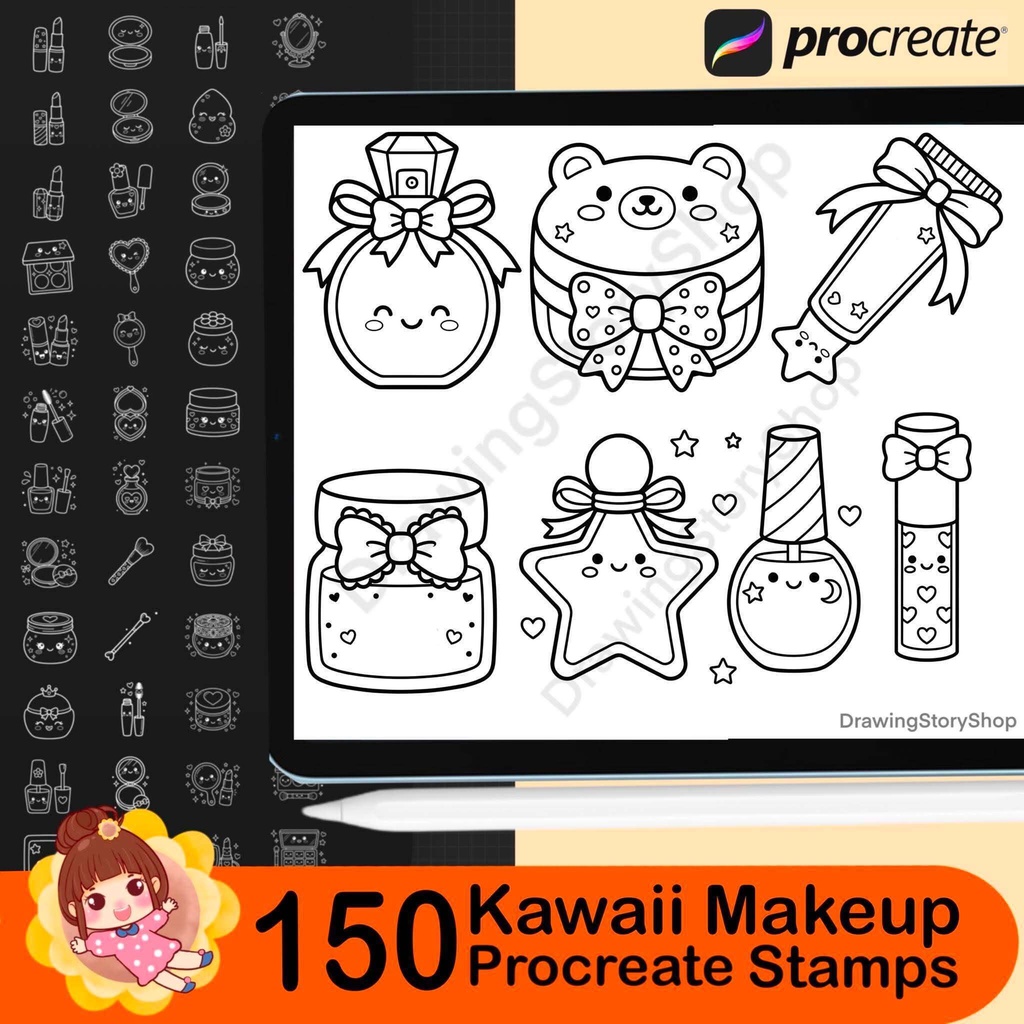 150 Procreate Kawaii Makeup Stamps | Cute Cosmetic Stamp Brushes | Beauty Doodle, Coloring Book, Planner & Sticker Elements