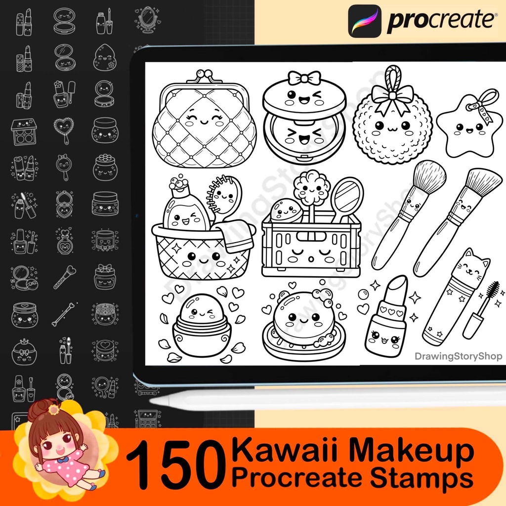 150 Procreate Kawaii Makeup Stamps | Cute Cosmetic Stamp Brushes | Beauty Doodle, Coloring Book, Planner & Sticker Elements