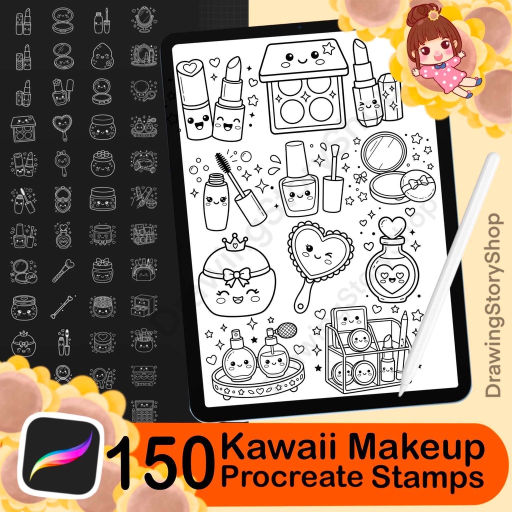 150 Procreate Kawaii Makeup Stamps | Cute Cosmetic Stamp Brushes | Beauty Doodle, Coloring Book, Planner & Sticker Elements