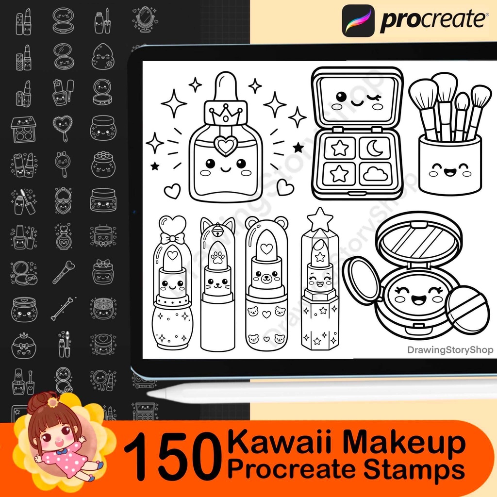 150 Procreate Kawaii Makeup Stamps | Cute Cosmetic Stamp Brushes | Beauty Doodle, Coloring Book, Planner & Sticker Elements