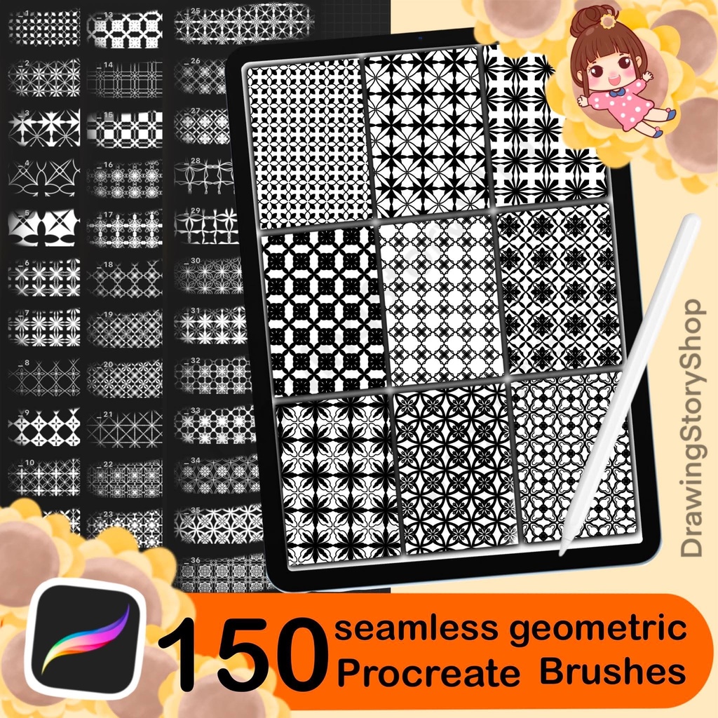 150 Seamless Geometric Pattern Brushes for Procreate | Repeat Tile Stamps | Abstract Background & Decorative Design Brushes