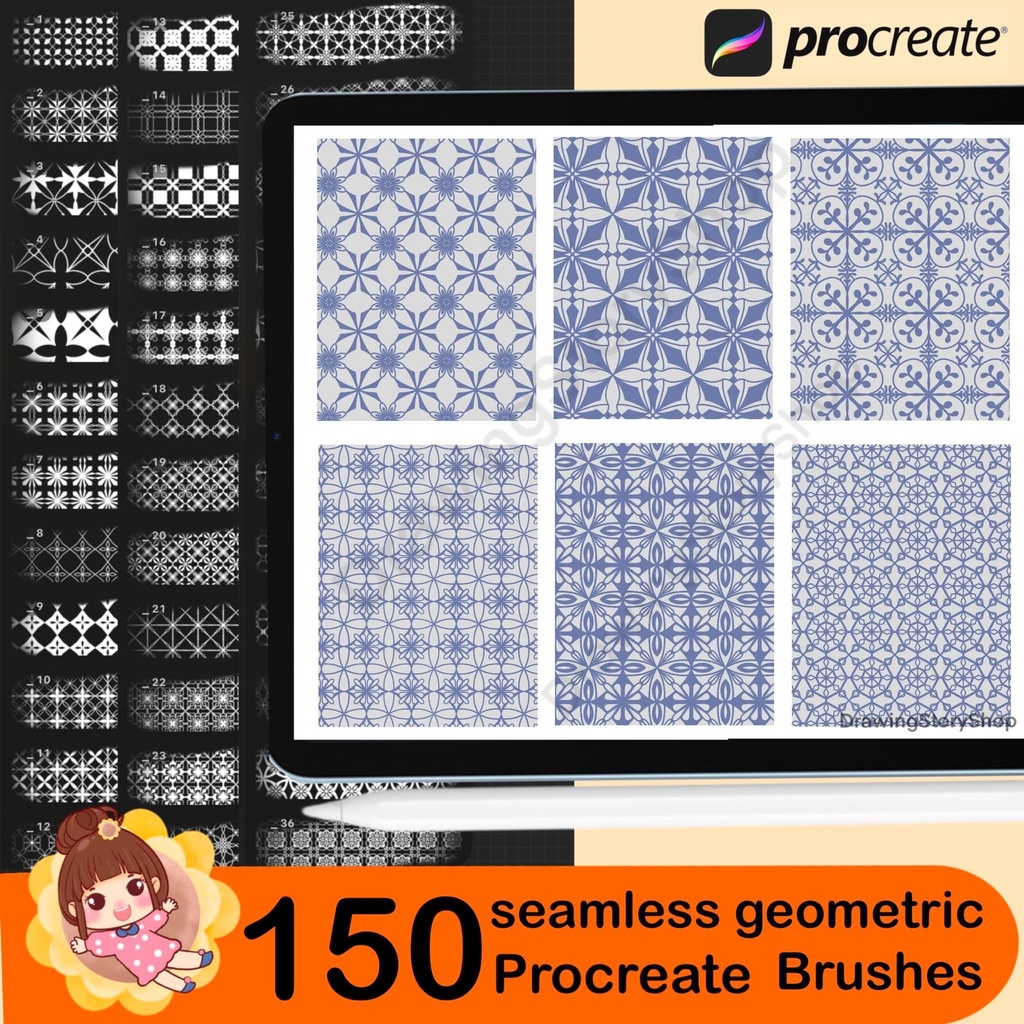 150 Seamless Geometric Pattern Brushes for Procreate | Repeat Tile Stamps | Abstract Background & Decorative Design Brushes