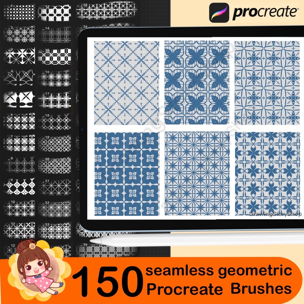 150 Seamless Geometric Pattern Brushes for Procreate | Repeat Tile Stamps | Abstract Background & Decorative Design Brushes