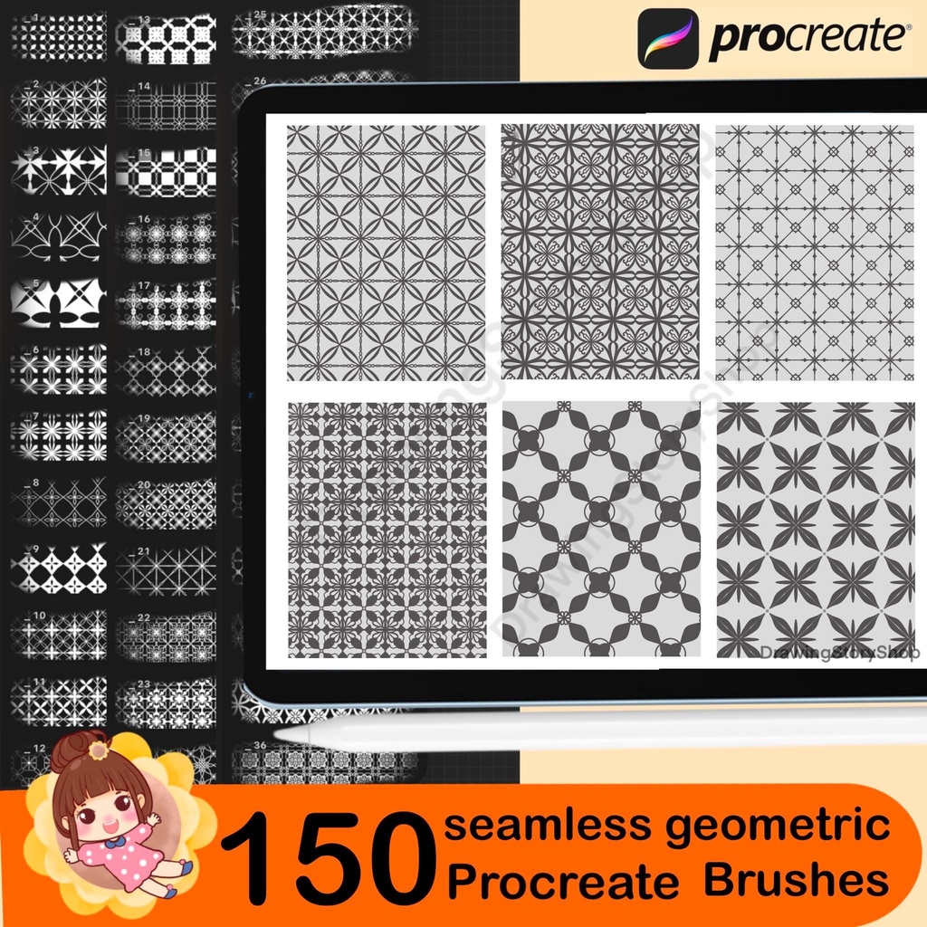 150 Seamless Geometric Pattern Brushes for Procreate | Repeat Tile Stamps | Abstract Background & Decorative Design Brushes