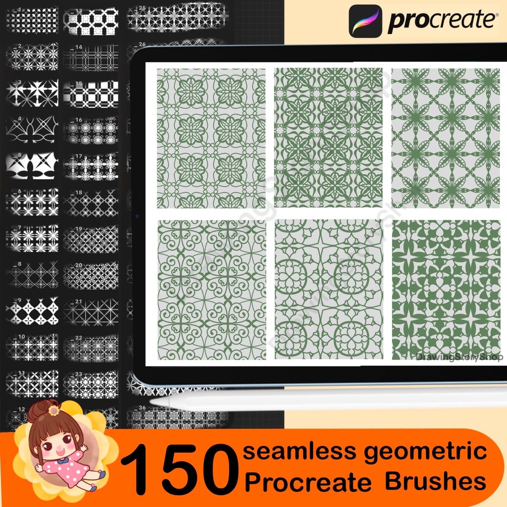 150 Seamless Geometric Pattern Brushes for Procreate | Repeat Tile Stamps | Abstract Background & Decorative Design Brushes