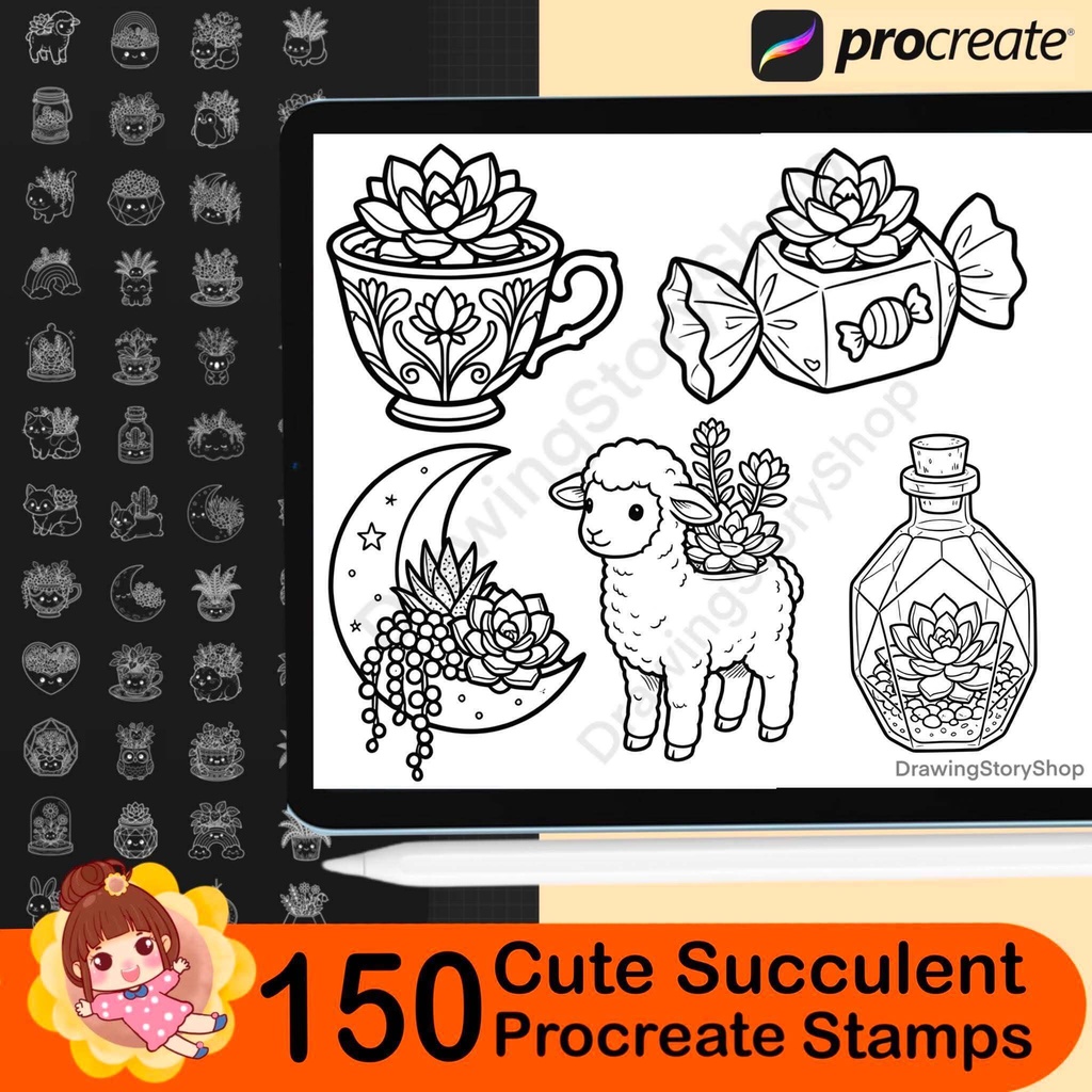 150 Terrarium Procreate Stamps, Cute Succulent Brushes, Kawaii Plant Pot Stamp Bundle, Botanical Doodle Brushes