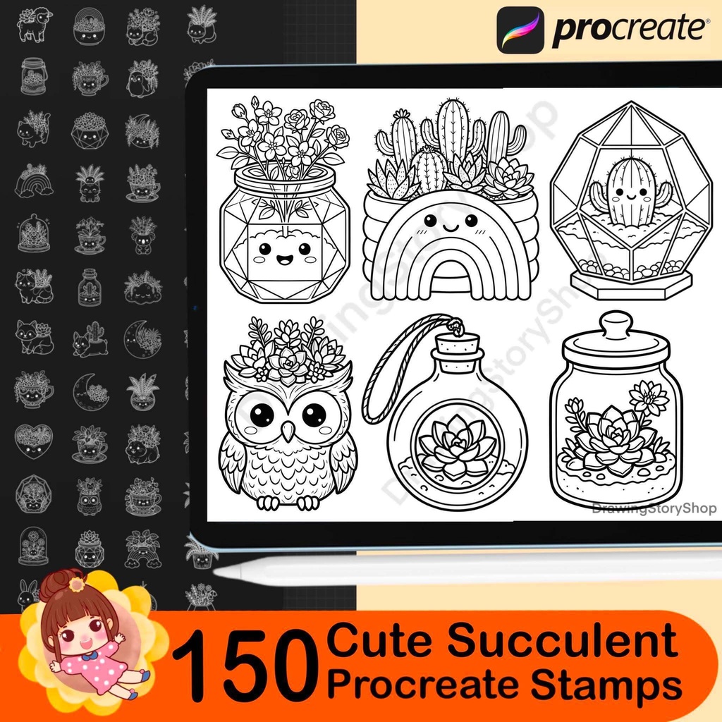 150 Terrarium Procreate Stamps, Cute Succulent Brushes, Kawaii Plant Pot Stamp Bundle, Botanical Doodle Brushes