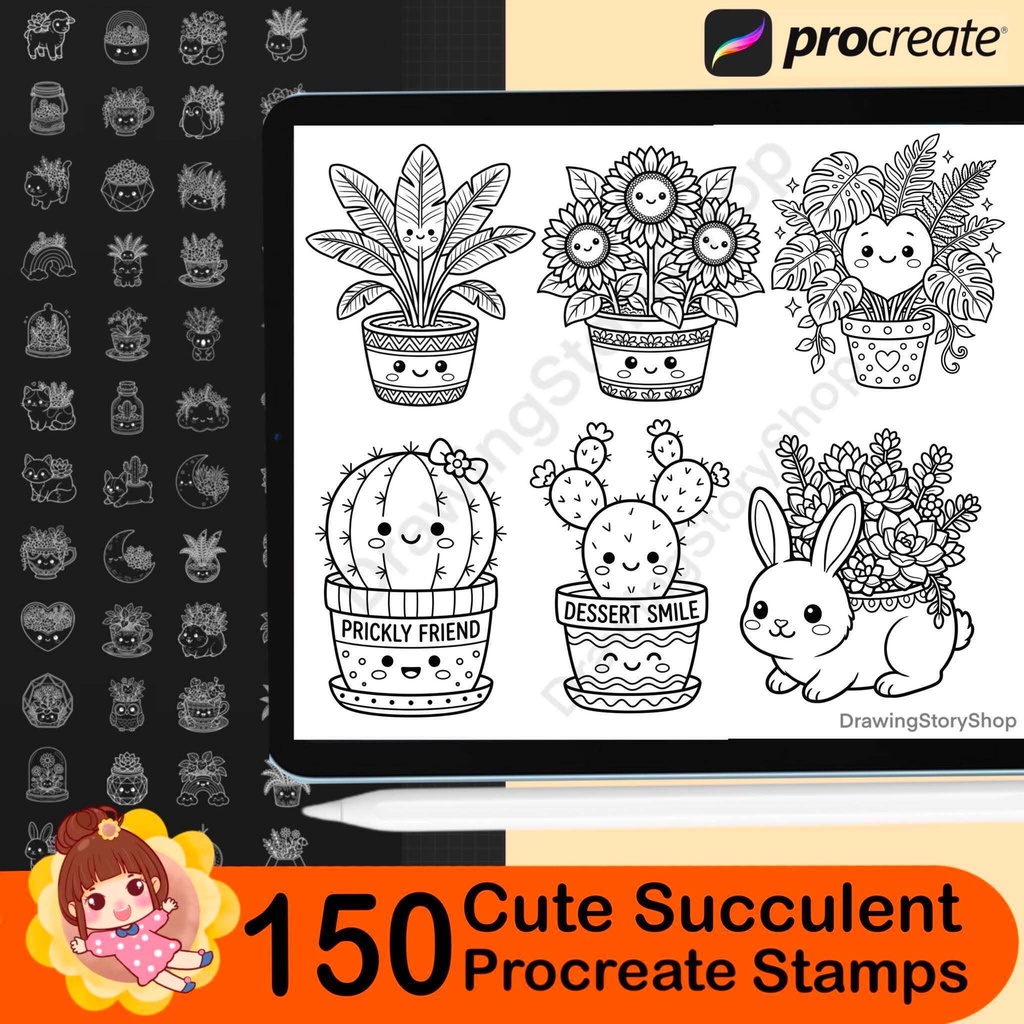 150 Terrarium Procreate Stamps, Cute Succulent Brushes, Kawaii Plant Pot Stamp Bundle, Botanical Doodle Brushes