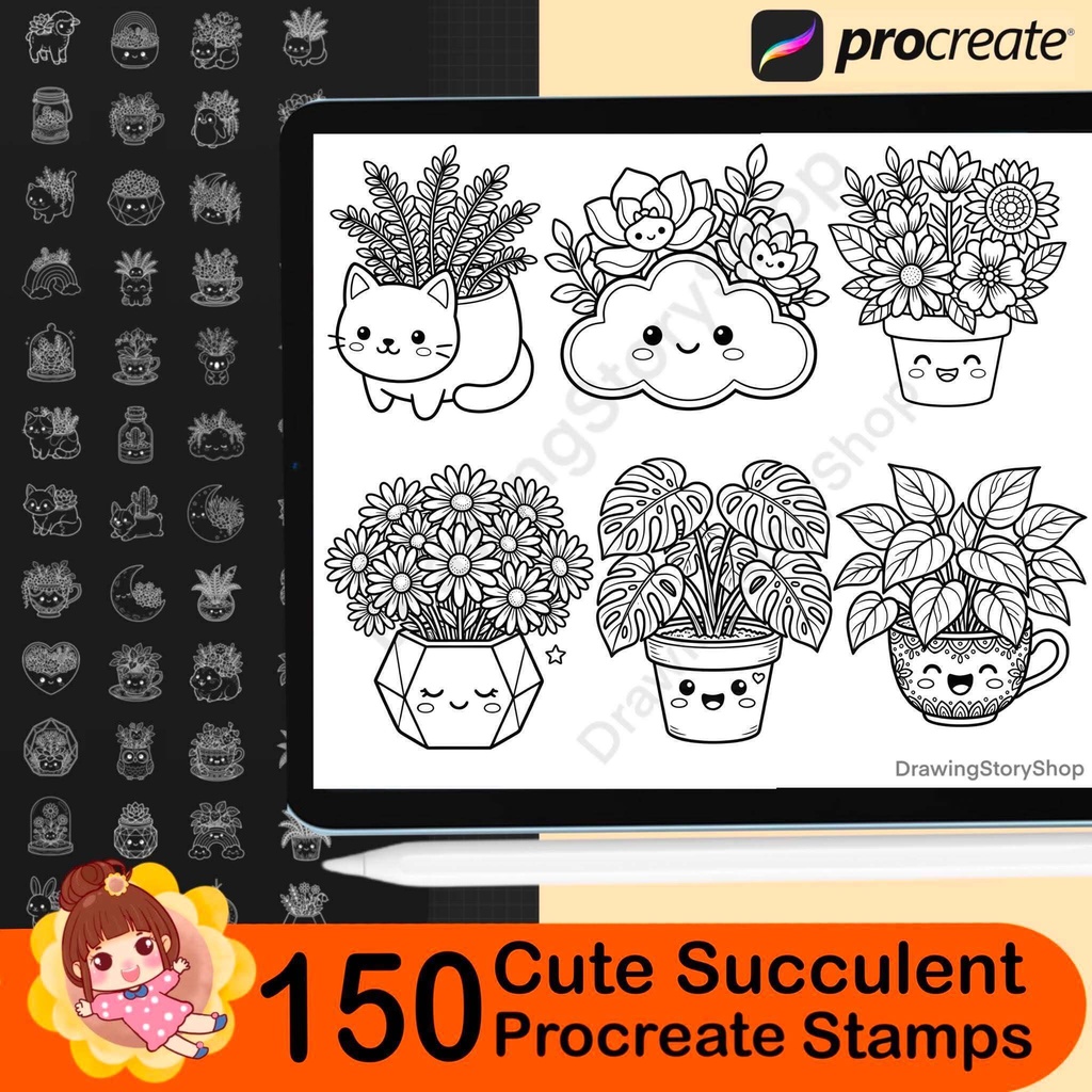 150 Terrarium Procreate Stamps, Cute Succulent Brushes, Kawaii Plant Pot Stamp Bundle, Botanical Doodle Brushes