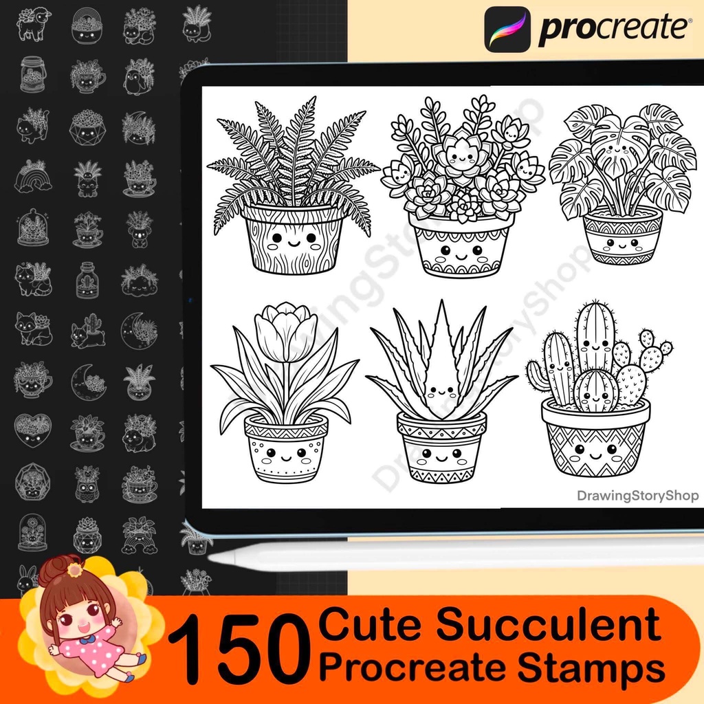 150 Terrarium Procreate Stamps, Cute Succulent Brushes, Kawaii Plant Pot Stamp Bundle, Botanical Doodle Brushes
