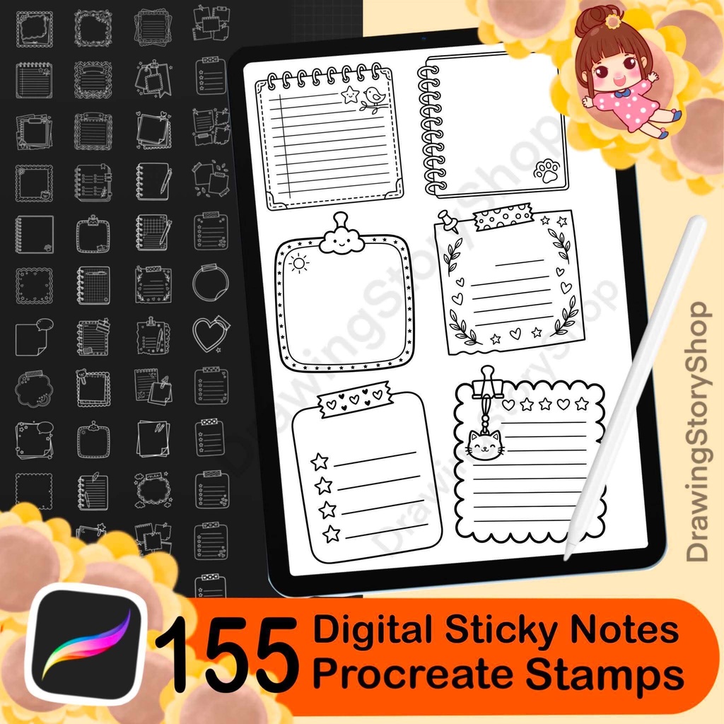 155 Digital Sticky Notes Procreate Stamps – Planner, Journal, Washi (Digital Download)