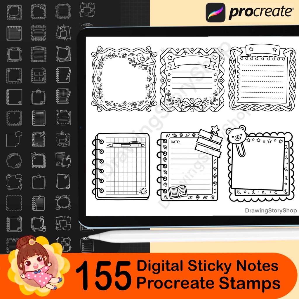 155 Digital Sticky Notes Procreate Stamps – Planner, Journal, Washi (Digital Download)