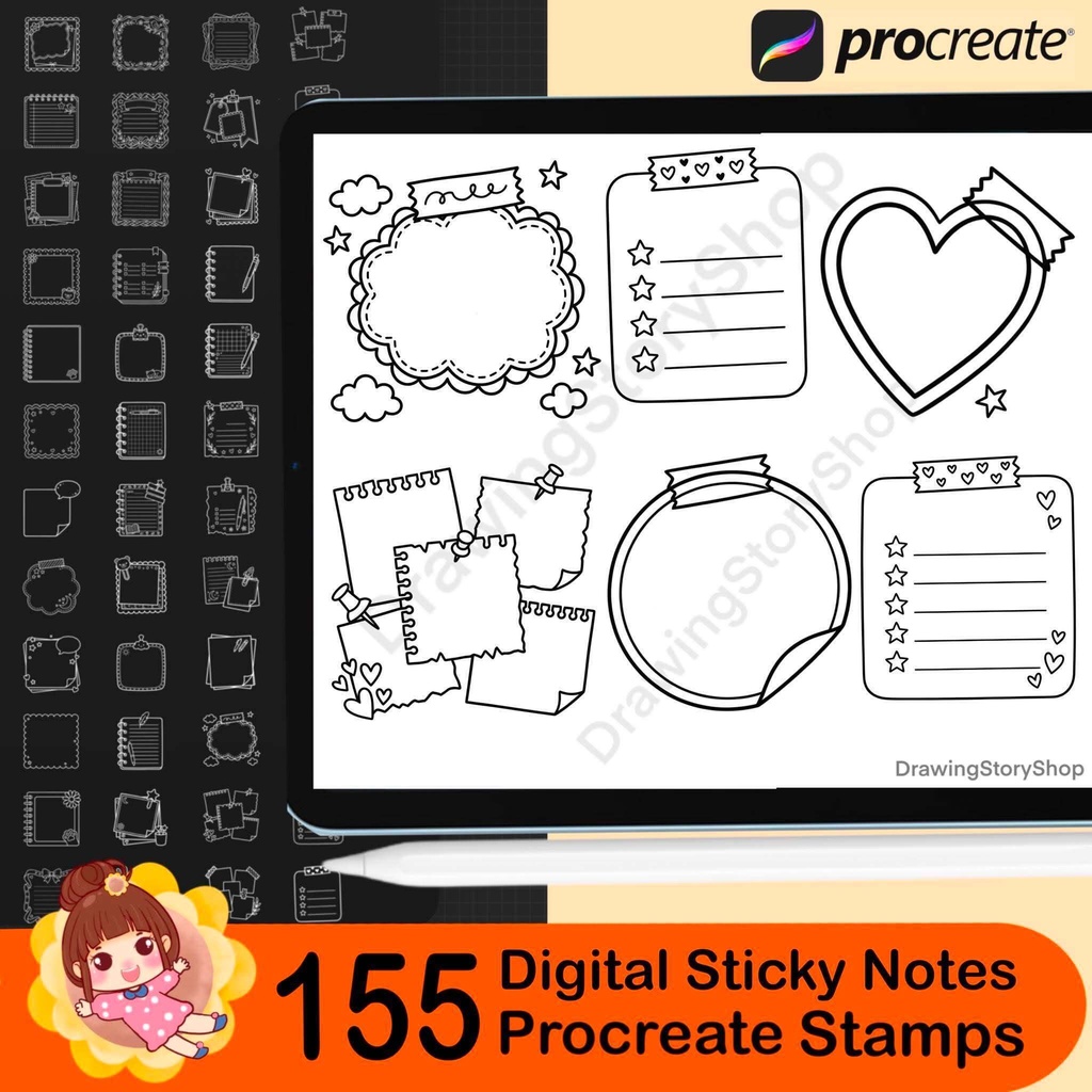 155 Digital Sticky Notes Procreate Stamps – Planner, Journal, Washi (Digital Download)