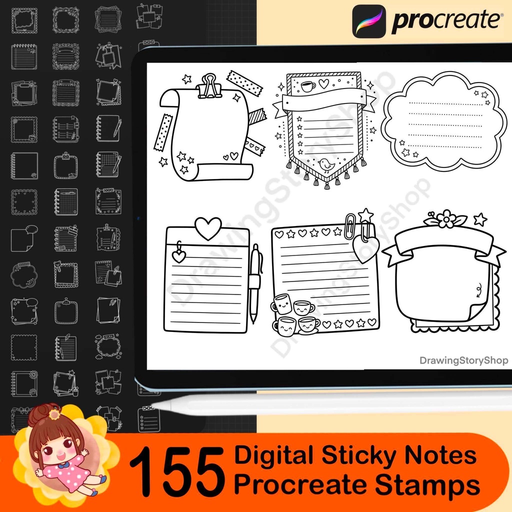 155 Digital Sticky Notes Procreate Stamps – Planner, Journal, Washi (Digital Download)