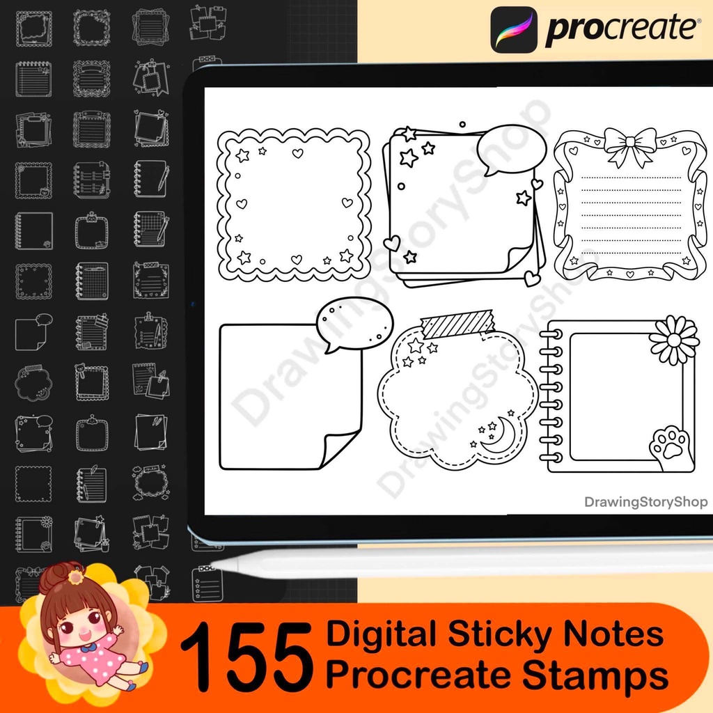 155 Digital Sticky Notes Procreate Stamps – Planner, Journal, Washi (Digital Download)